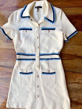 Maje Short Terry Knit Dress Ecru Blue FR 36 / S